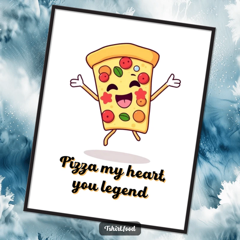 Funny Free Printable Wall Art: A cheerful pizza slice frozen mid-victory dance, toppings playfully flying, perfect for a humorous kitchen aesthetic.