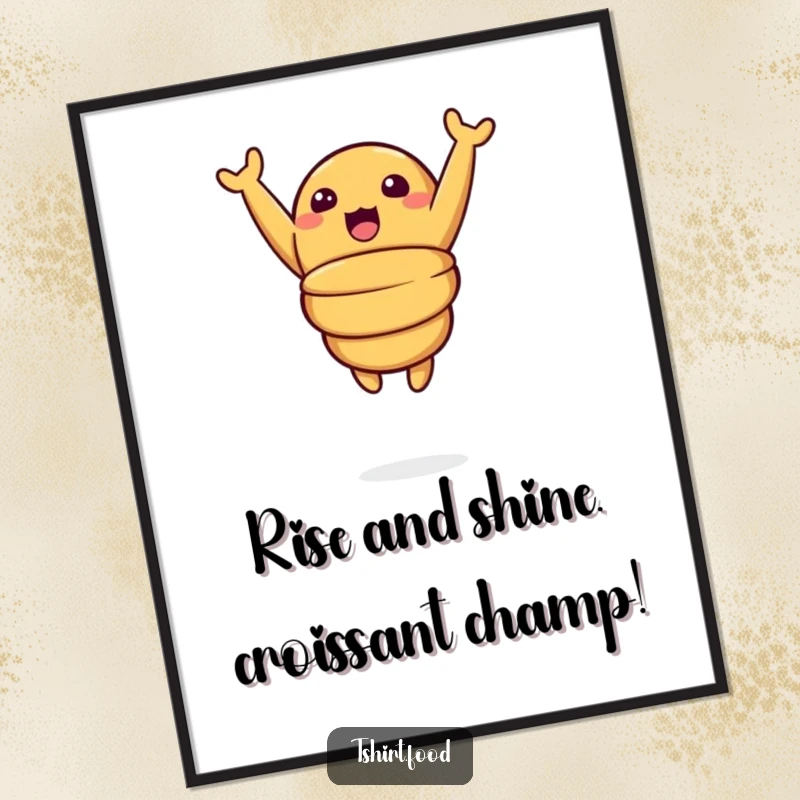 Funny Free Printable Wall Art: A quirky croissant in a surprise mid-air leap with arms flailing.