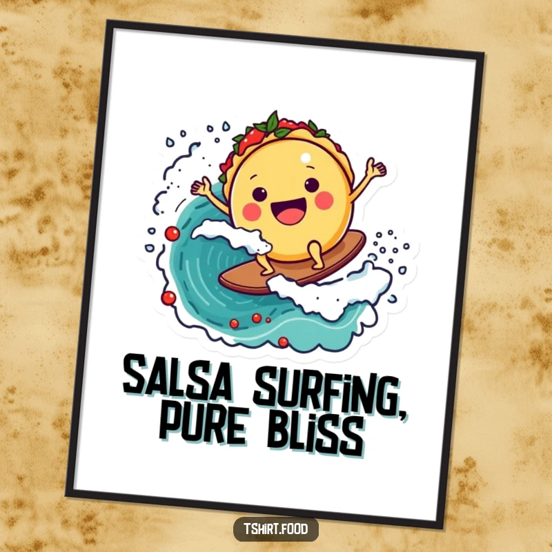 Funny Free Printable Wall Art: Elated taco character confidently surfs a massive salsa wave, embodying pure joy and adventure.