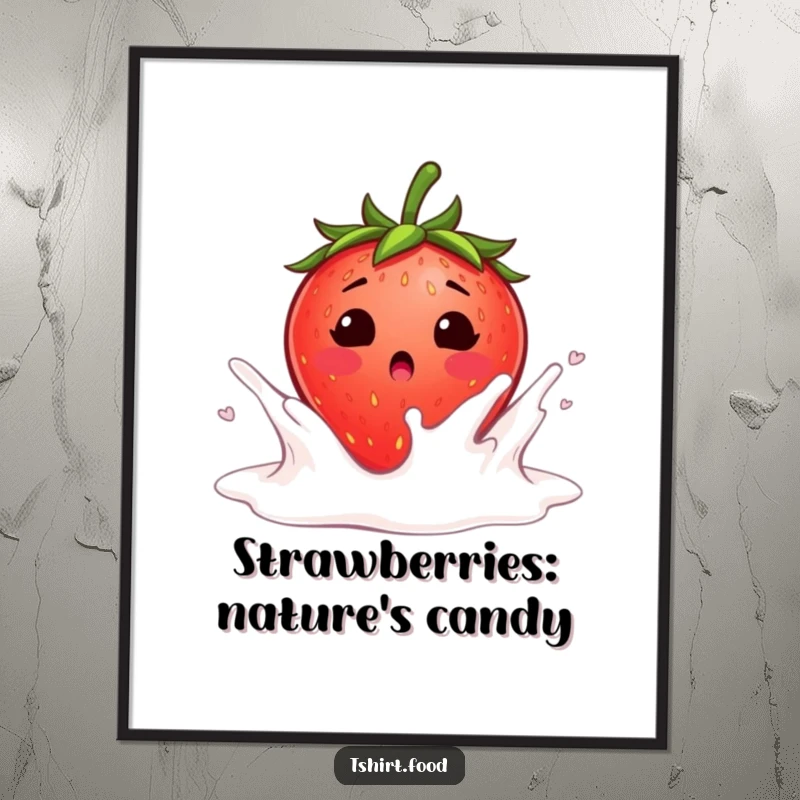 Funny Free Printable Strawberry Wall Art depicting a blushing strawberry falling into a milk splash, great for DIY decor.