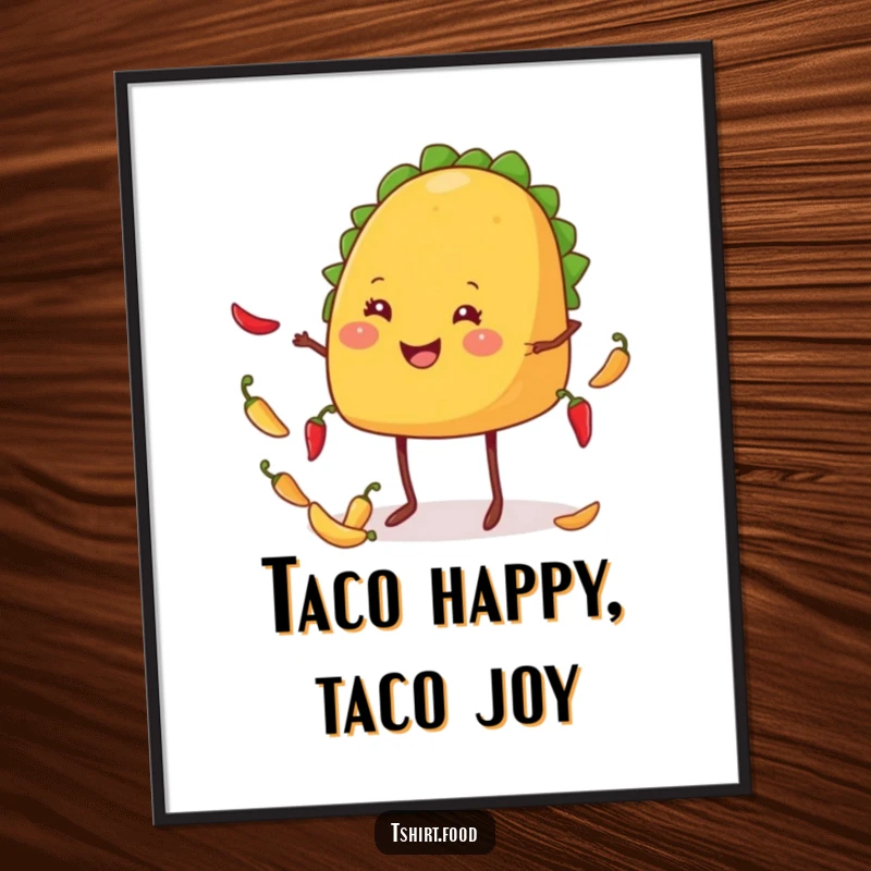 Funny Free Printable Wall Art: A smiling taco with legs expertly juggling colorful chiles, adding a festive vibe.