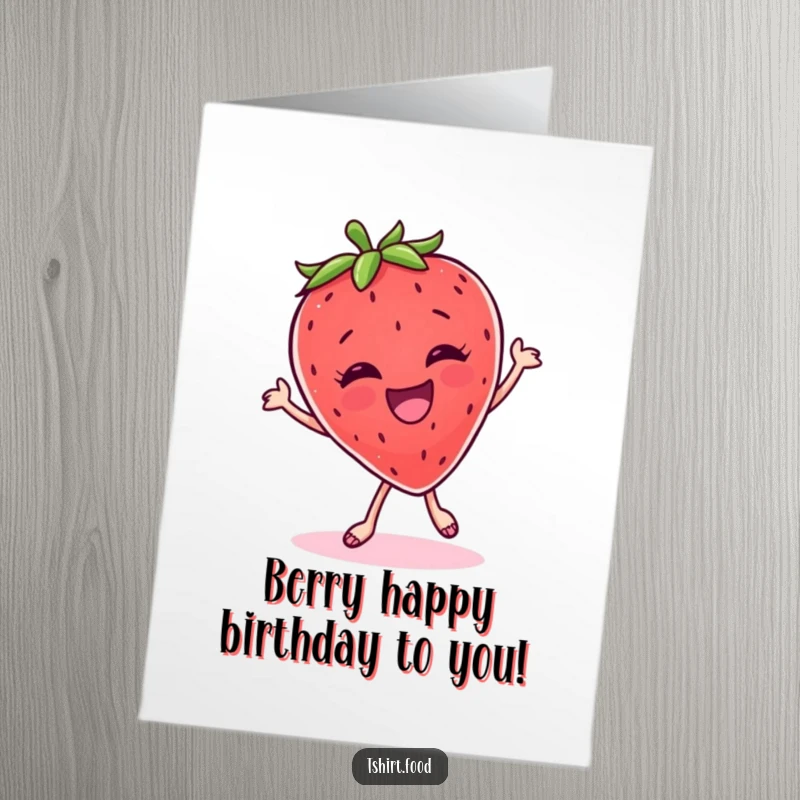 Funny Free Printable Birthday Card: A giggling strawberry busts a move, dancing with pure joy for a birthday.