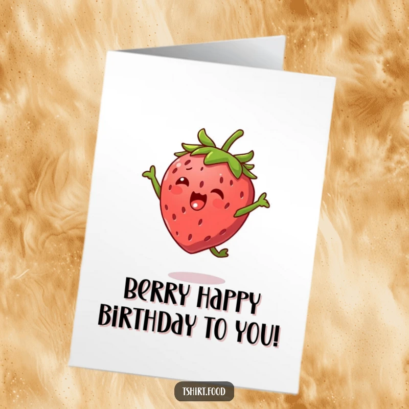 Free Printable Birthday Card: Strawberry character with tiny leaf arms doing a happy high jump, celebrating a special day.