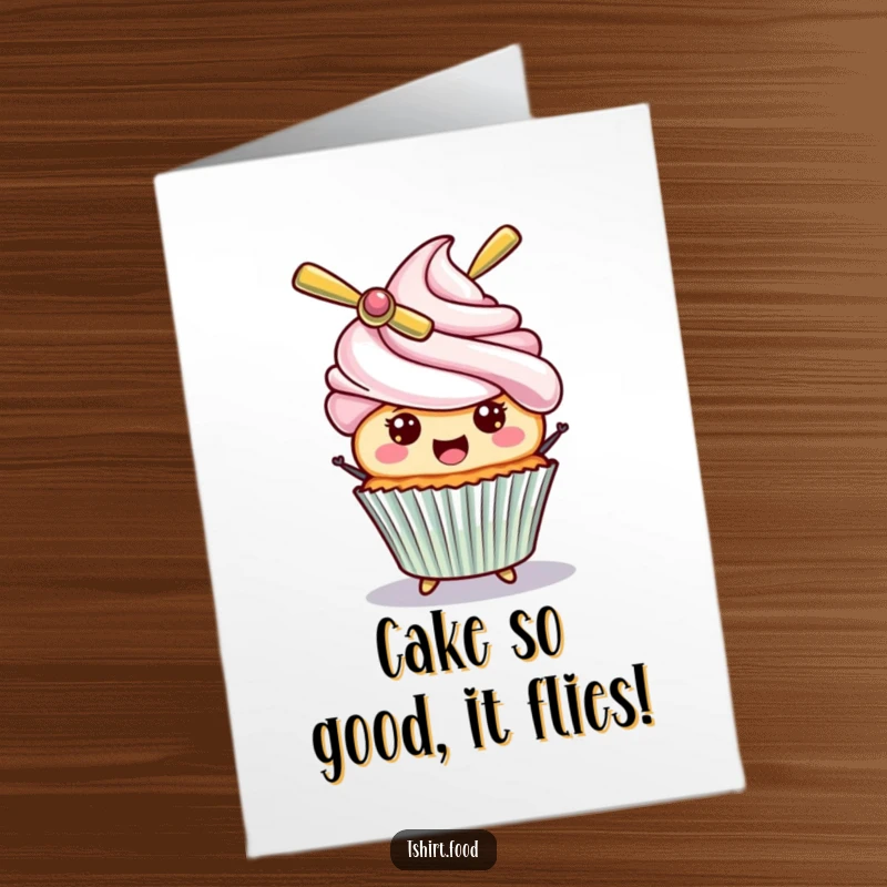 Funny free printable birthday card of a cheerful cupcake wearing a propeller hat and spinning it with glee. A delightful DIY gift.