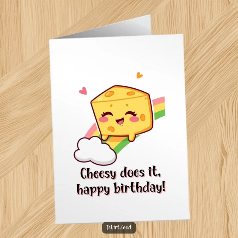 Funny Free Printable Birthday Card: Winking cheese wedge joyfully slides down a colorful rainbow, spreading pure birthday cheer.