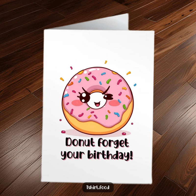 Funny Free Printable Birthday Card: Kawaii donut winking mischievously while tossing colorful sprinkles.