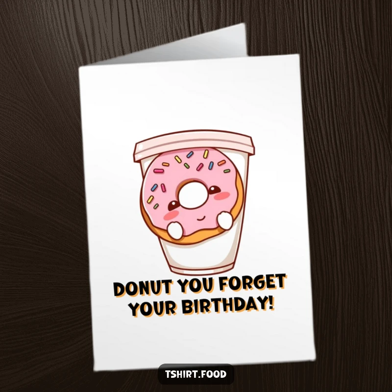 Funny Free Printable Birthday Card: A shy donut with sprinkles blushing, hiding behind a coffee cup for a birthday. An adorable DIY card.
