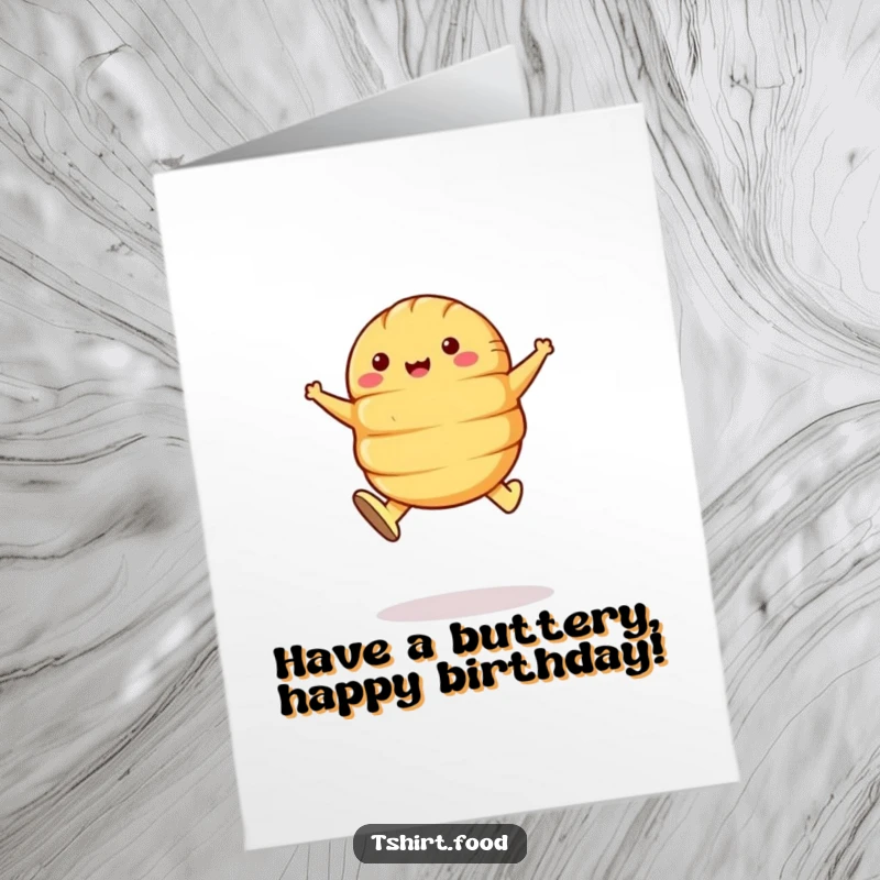 Funny Free Printable Birthday Card: A croissant with butter shoes leaping mid-air, celebrating joyfully, a delightful DIY gift.