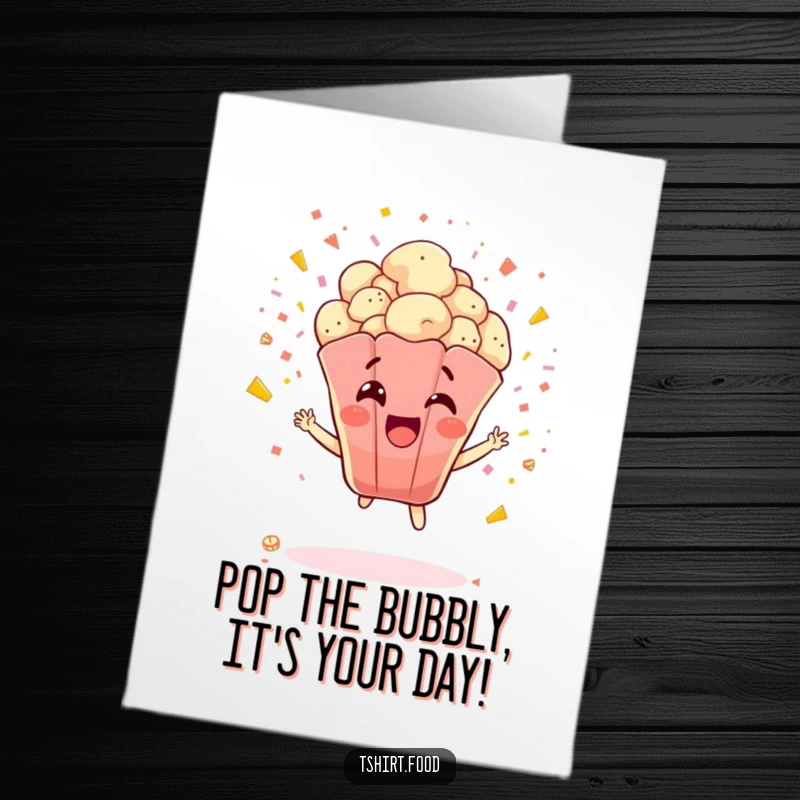 Funny Free Printable Birthday Card: A delighted popcorn kernel character explodes with glee and confetti for a birthday celebration.