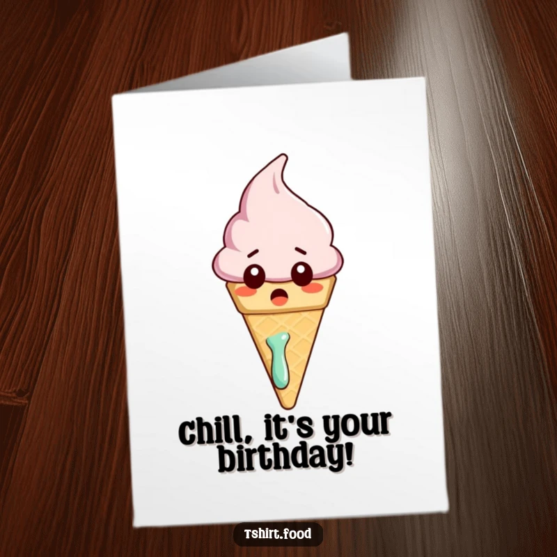 Funny Free Printable Birthday Card: A surprised ice cream cone character with wide eyes, melting slightly from the birthday heat.