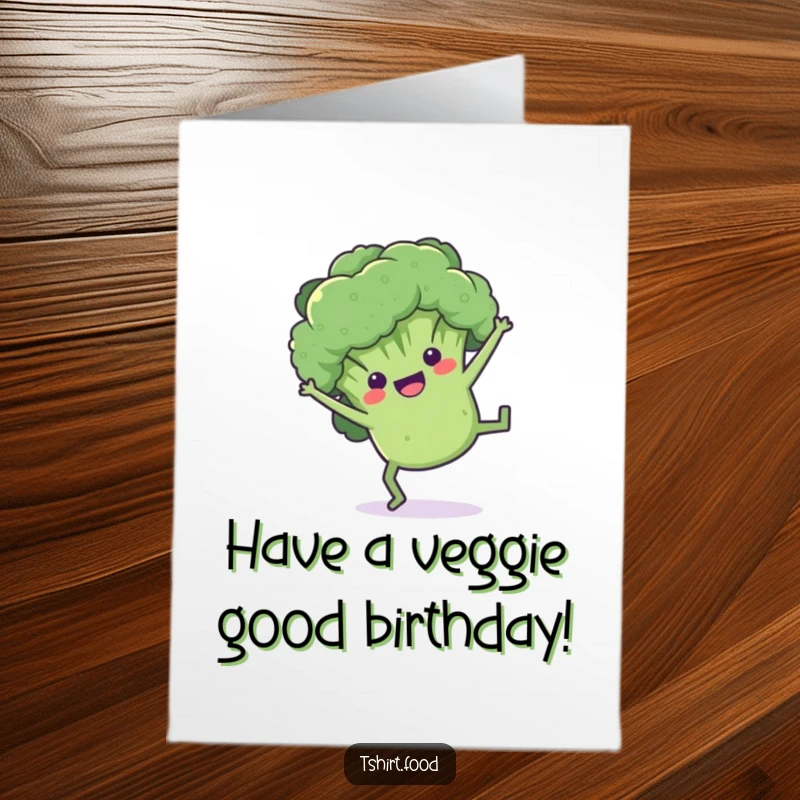 Funny Free Printable Birthday Card: A lively broccoli floret with arms and legs doing an energetic cartwheel.