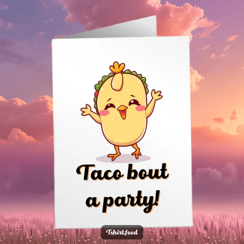 Funny Free Printable Birthday Card: Giggling taco character with tiny feet doing a hilarious chicken dance, perfect for laughs.
