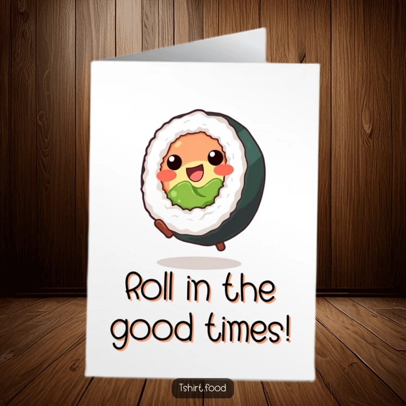 Funny Free Printable Birthday Card: A cheerful sushi roll performs a dynamic cartwheel, spreading birthday cheer.