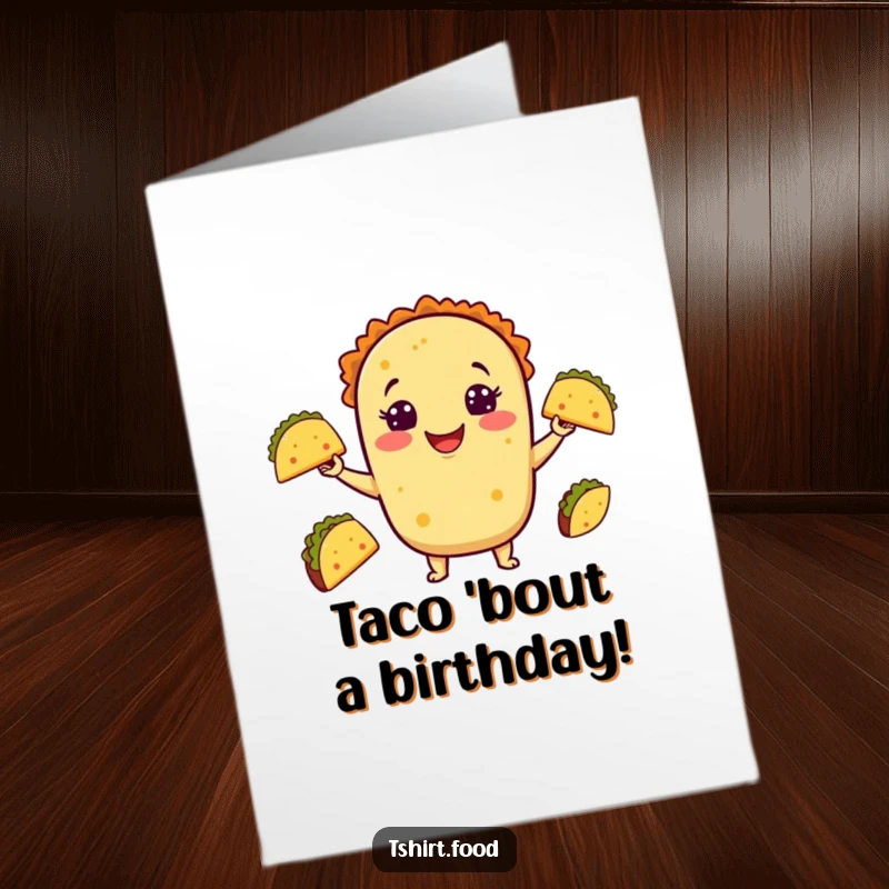 Funny Free Printable Birthday Card: A happy taco juggles mini tacos, radiating pure joy, perfect for a downloadable gift.