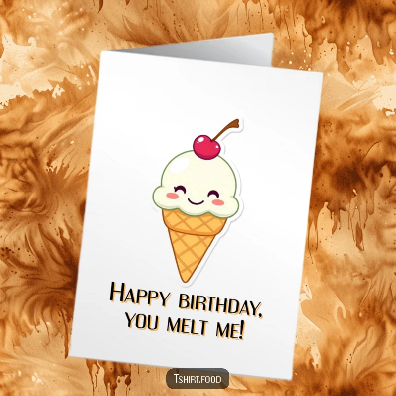 Funny free printable birthday card: grinning ice cream cone with cherry sliding joyfully, wishing a happy birthday, downloadable art.
