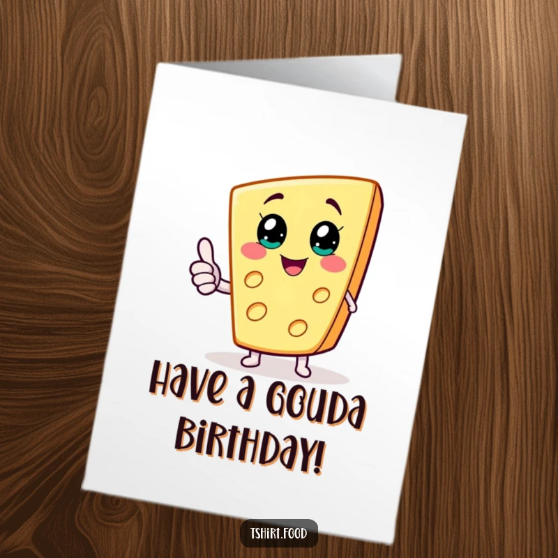 Funny Free Printable Birthday Card: Joyful cheese wedge character giving a thumbs up with tiny arms, saying 'You're grate!'.