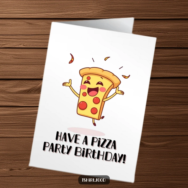 Funny Free Printable Birthday Card: A gleeful pizza slice juggles playfully with toppings flying.