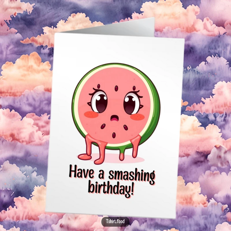 Funny Free Printable Birthday Card of a surprised watermelon slice with wide eyes and dripping seeds.