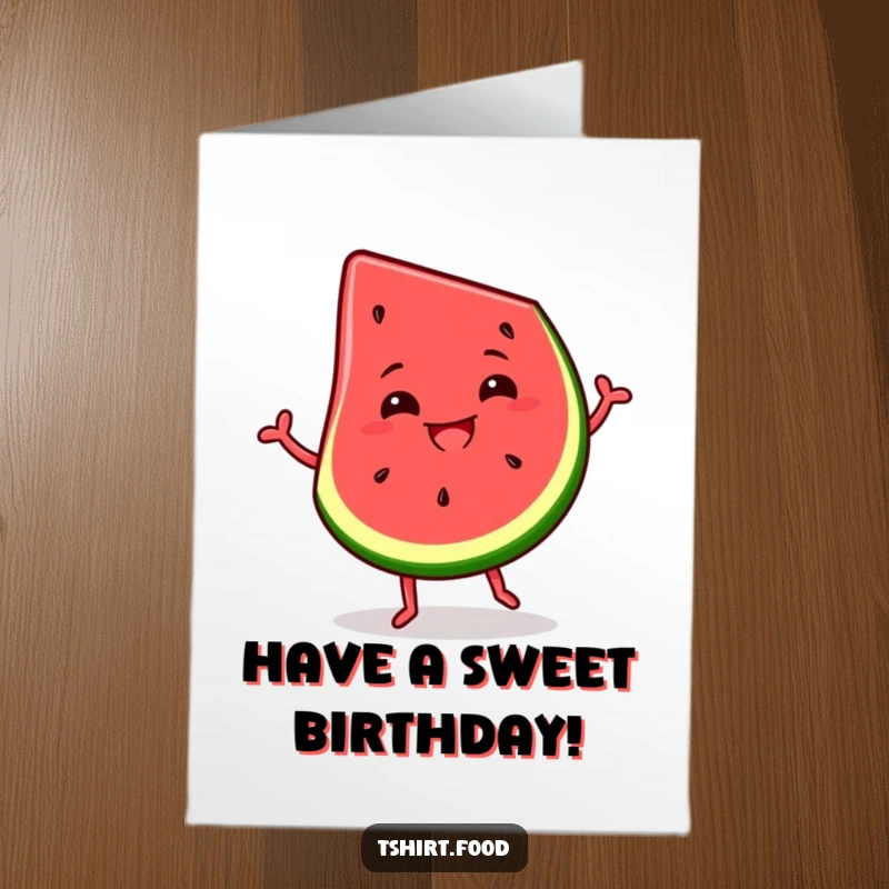 Funny free printable birthday card: A happy slice of watermelon dancing with a wide, silly grin, radiating joy.
