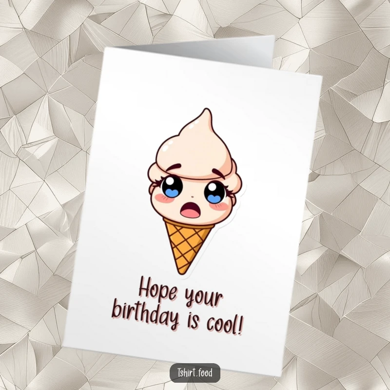 Funny free printable birthday card: A melting ice cream cone with wide, surprised eyes and dripping, comical expression.
