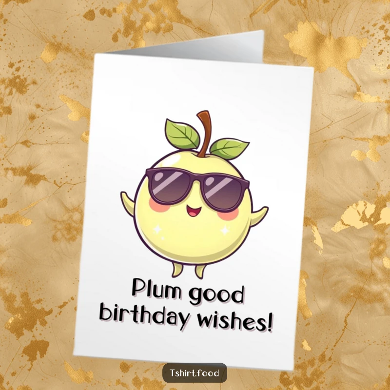 Funny Free Printable Birthday Card: A winking plum in sunglasses balancing with a cool vibe, ready to party.