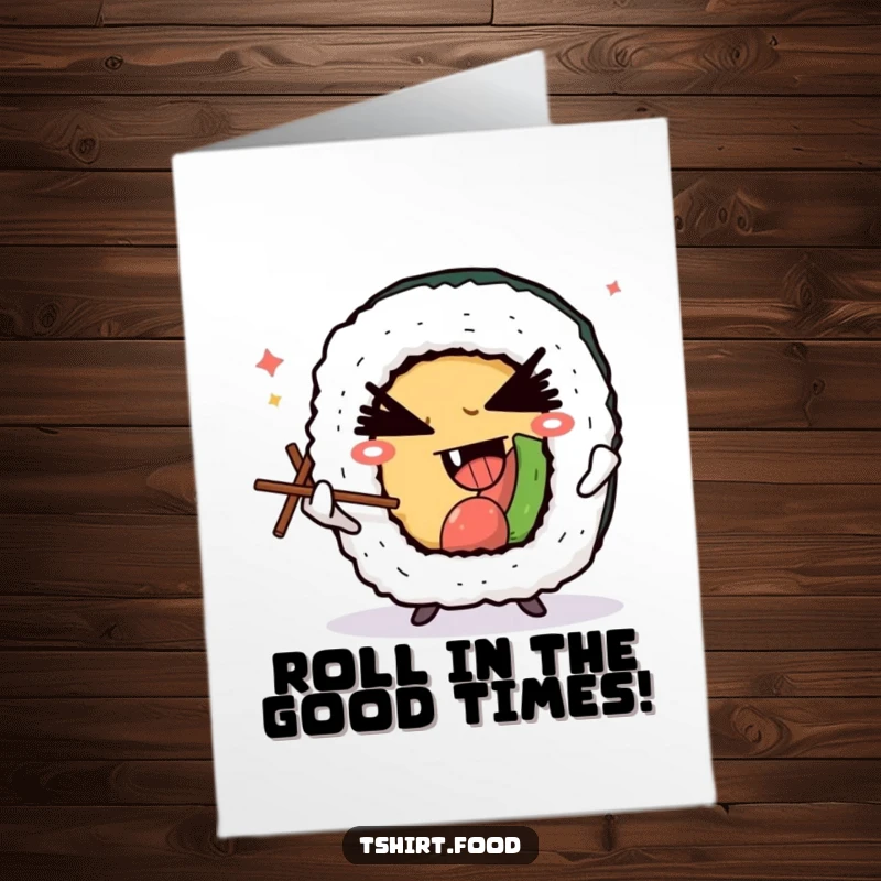 Funny Free Printable Birthday Card: Winking sushi roll character playfully juggles chopsticks with a mischievous grin, ready for fun.