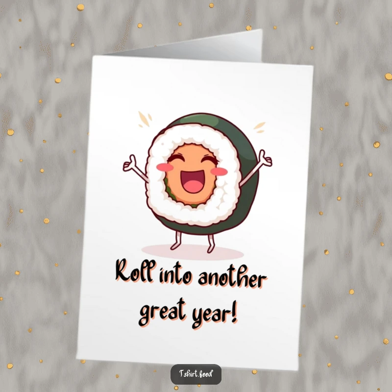 Funny Free Printable Birthday Card: A beaming sushi roll dances with tiny legs in victory for a birthday.