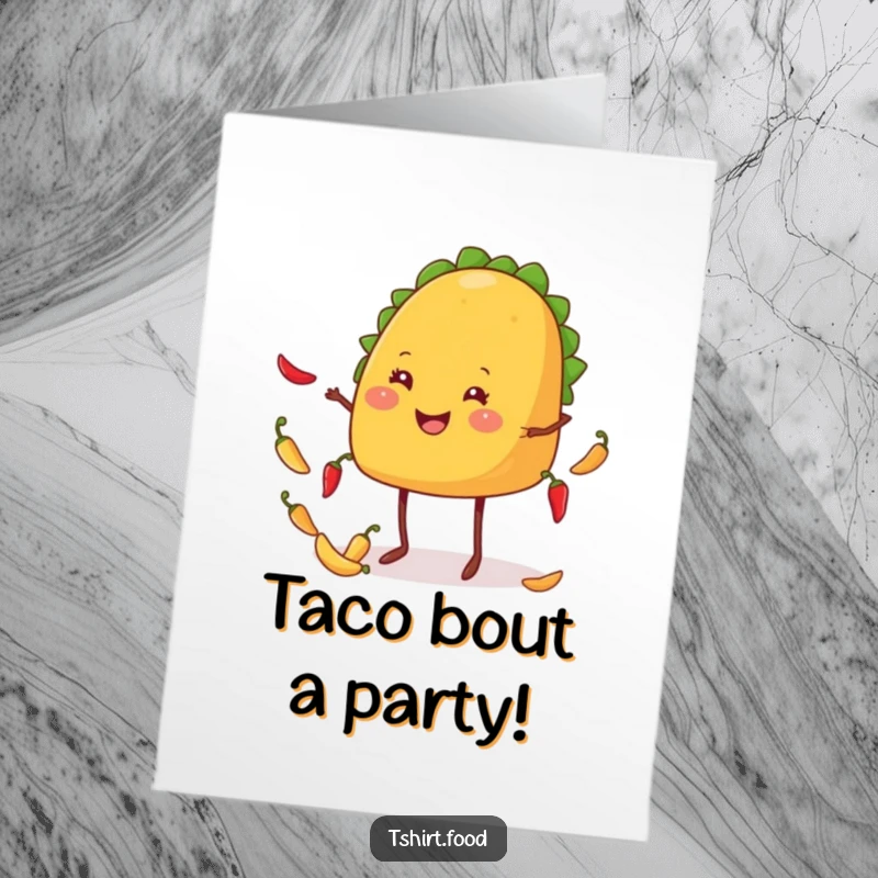 Funny Free Printable Birthday Card: A smiling taco with legs gleefully juggling small red chiles for a festive occasion.