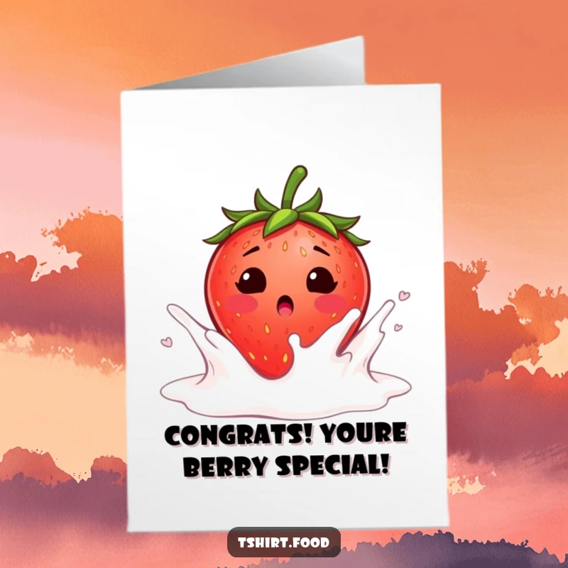Funny Free Printable Strawberry Congratulations card blushing as it falls into a milk splash, great for DIY gifts.