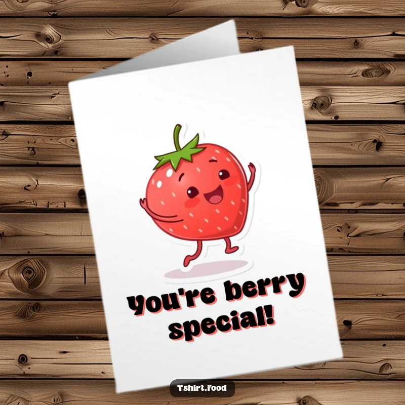 Funny Free Printable Congratulations Card featuring a smiling strawberry character performing a joyful cartwheel.
