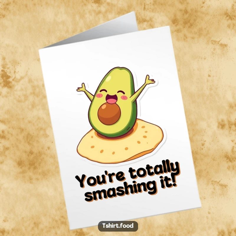 Funny Free Printable Congratulations Card: An amused avocado performing a somersault on a tortilla, celebrating achievement.
