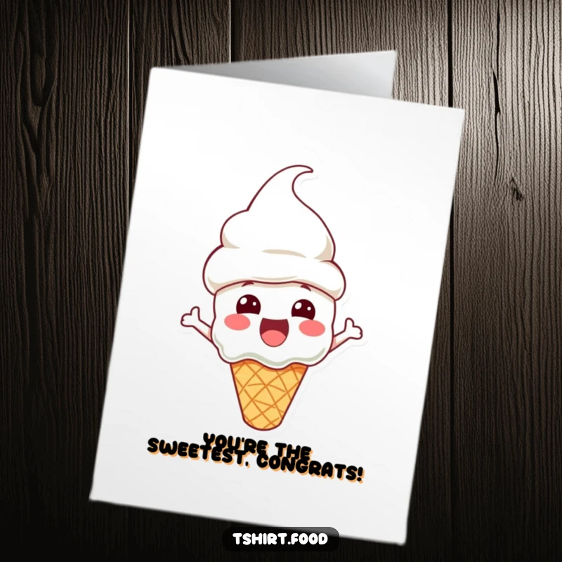 Funny Free Printable Congrats Card: An excited ice cream cone character with a cone hat, celebrating achievements with a cool vibe.