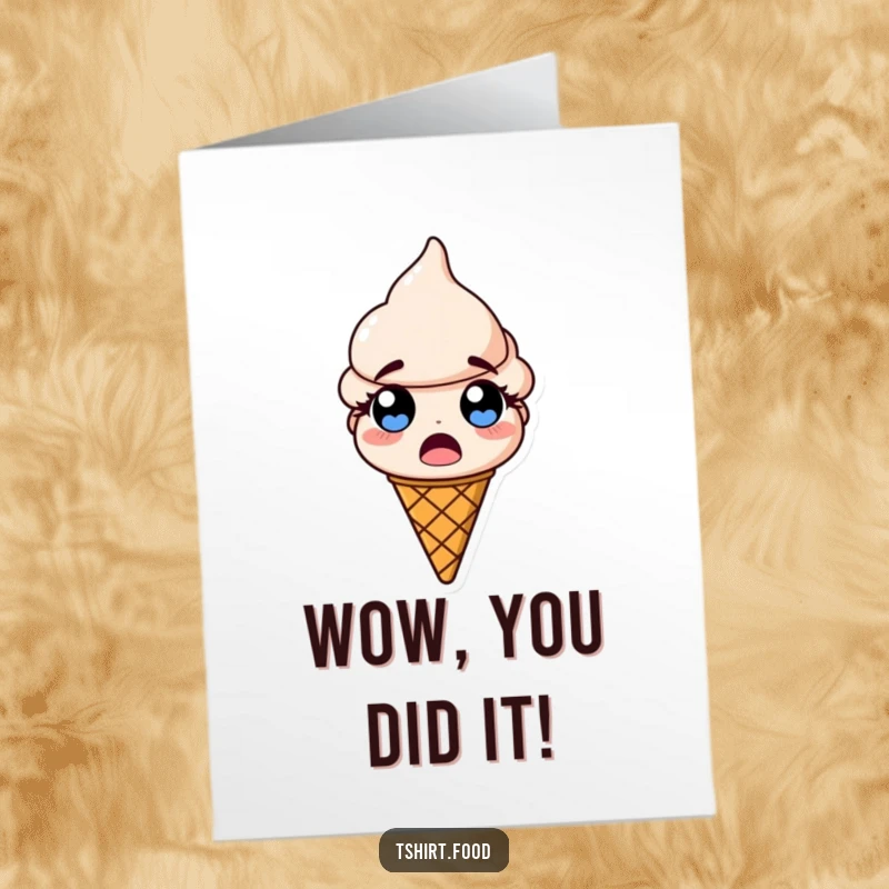 Free printable congratulations card: An ice cream cone wide-eyed in comical surprise, perfect for shocking news.