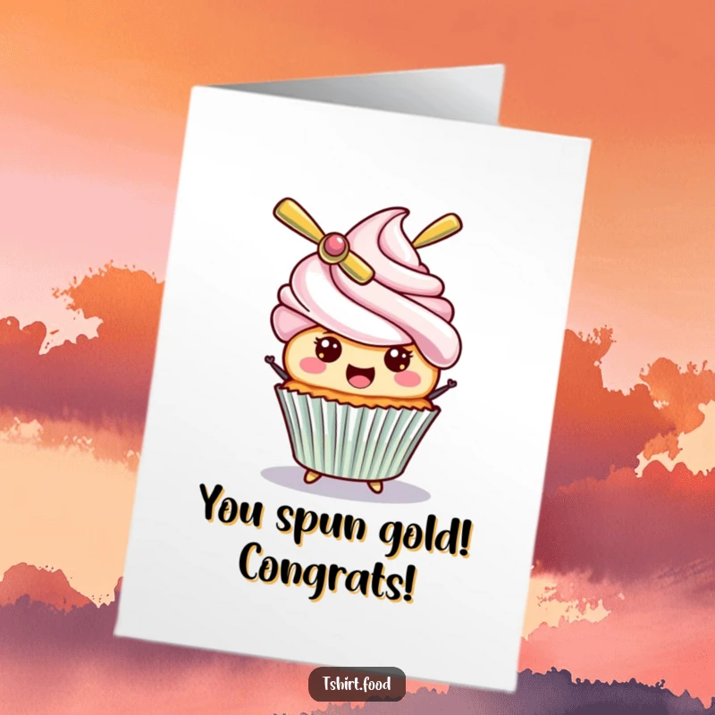 Funny free printable congratulations card showing a playful cupcake with a spinning propeller hat, ready to send happy wishes. A unique DIY keepsake.
