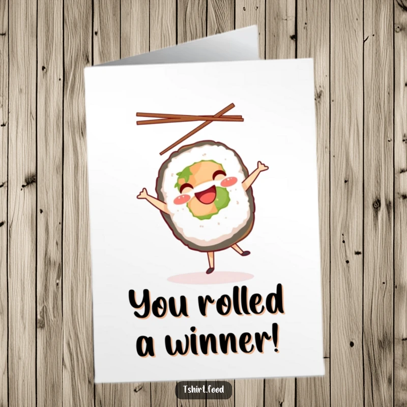 Funny Free Printable Congrats Card: A cheerful sushi roll executing a full cartwheel with chopsticks in the air.
