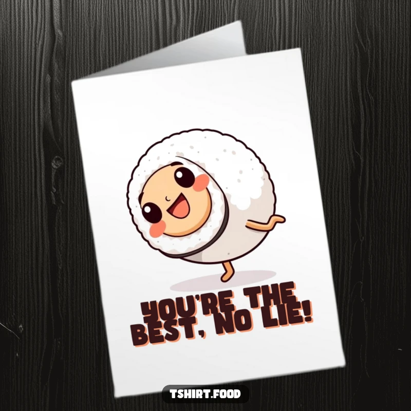 Funny Free Printable Congratulations Card: A happy sushi roll with legs performing a lively cartwheel, signifying celebration.