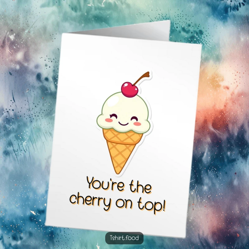 Funny free printable congratulations card: grinning ice cream cone with cherry sliding with excitement, celebrating success, downloadable art.