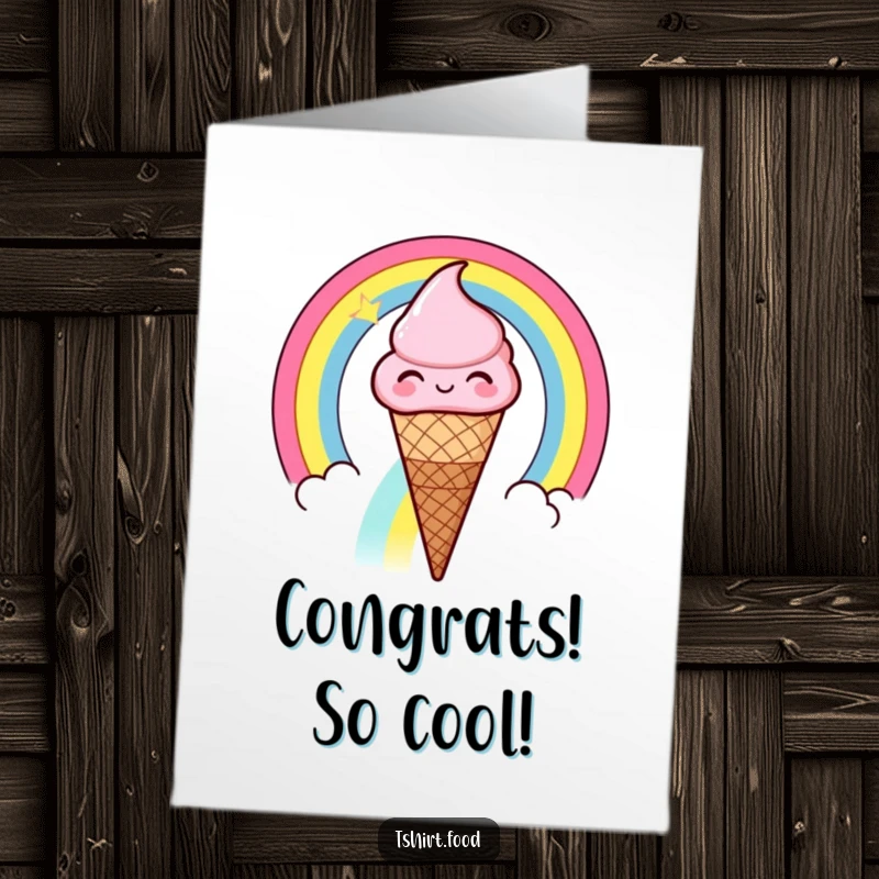 Funny Free Printable Ice Cream Cone Congratulations card winking as it slides down a rainbow, great for DIY gifts.