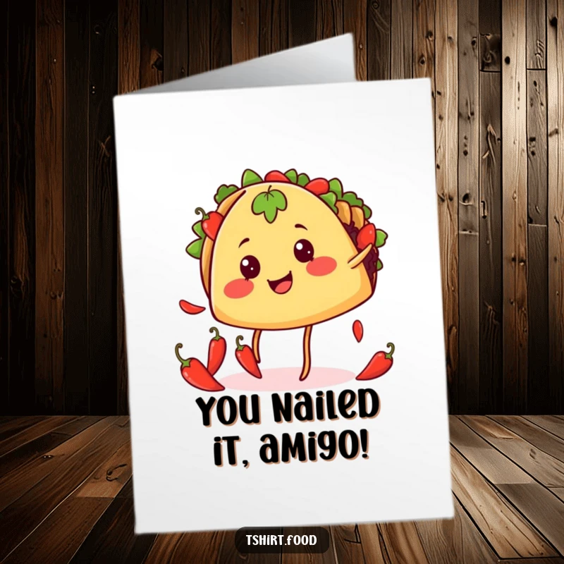 Funny Free Printable Congratulations Card: A smiling taco with legs juggling chili peppers, celebrating a fiery success. A unique downloadable.
