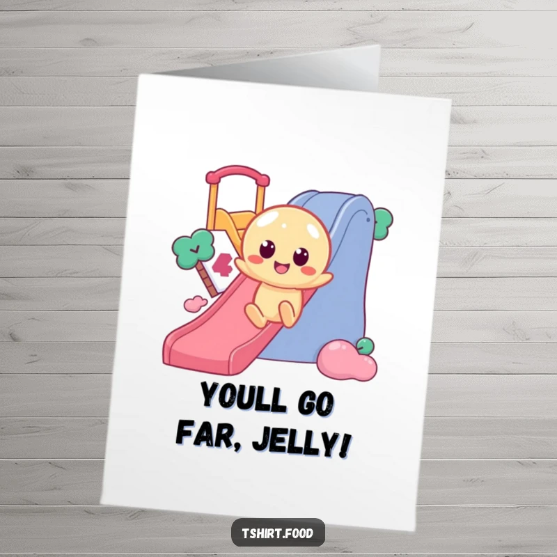 Free Printable Congratulations Card: Wobbly jelly character with round eyes sliding enthusiastically down a slide, cheering for success.