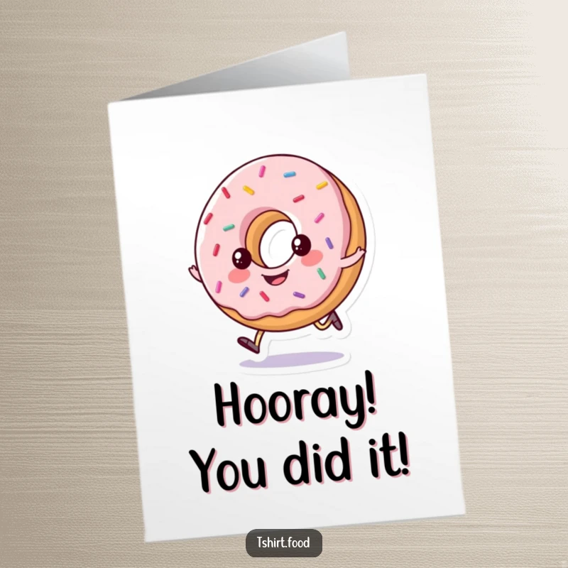 Funny free printable congratulations card: happy donut with sprinkles doing a little hop, celebrating achievement, downloadable art.