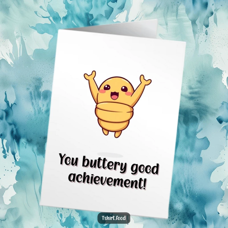 Funny Free Printable Congratulations Card: A happy croissant leaping with arms raised in joyous surprise.