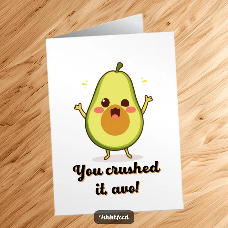Funny Free Printable Congratulations Card featuring a surprised avocado performing a hilariously awkward dance, celebrating a grand achievement.