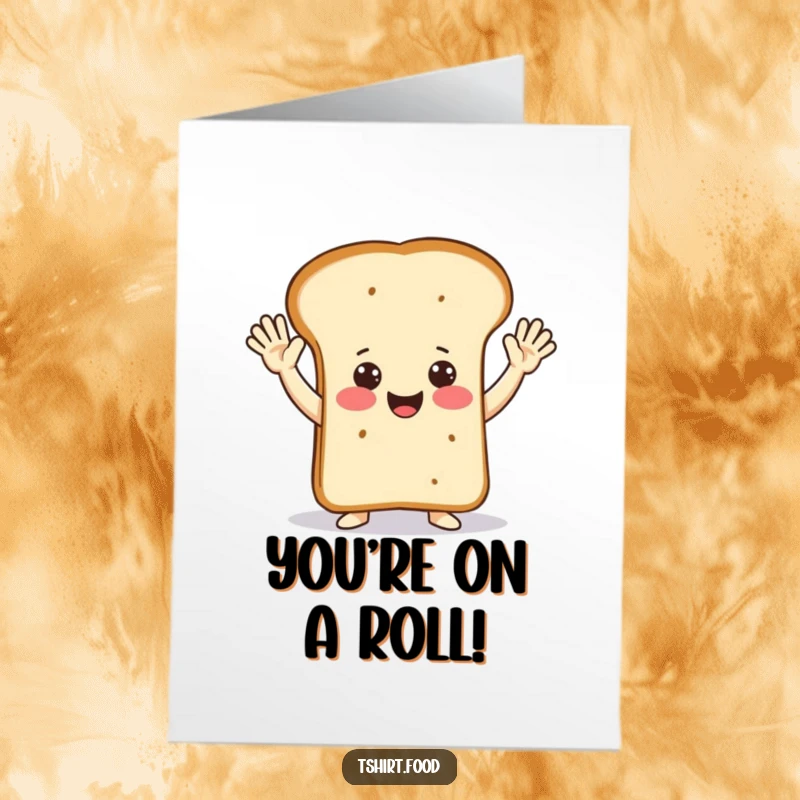 Funny Free Printable Congratulations Card: A happy loaf of bread character performing excited jazz hands to celebrate an achievement.