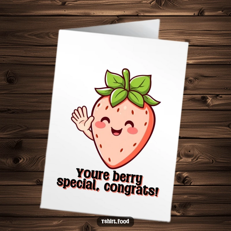 Funny Free Printable Congratulations Card featuring a smiling strawberry character happily waving, celebrating a success.