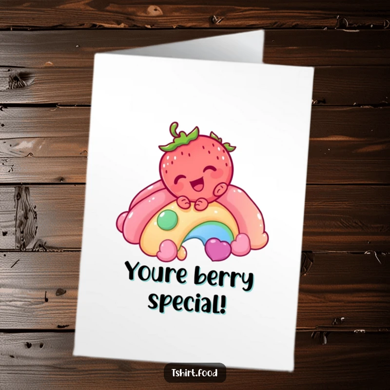 Funny Free Printable Congratulations Card: A giggling strawberry character slides down a rainbow made of colorful candy, a fun downloadable gift.