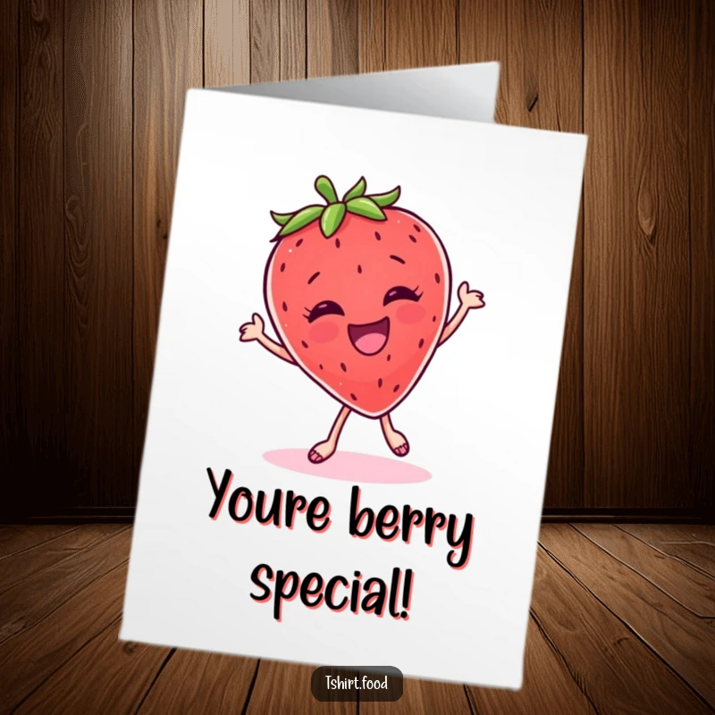 Funny Free Printable Congratulations Card: A giggling strawberry performs a joyful dance to celebrate your wonderful news.