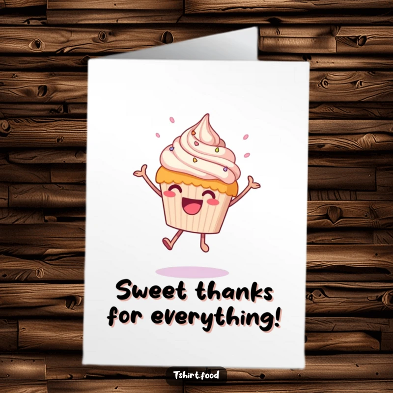 Funny Free Printable Thank You Card: A happy cupcake with frosting raining down, doing a joyful leap to say thanks. A charming DIY thank you.