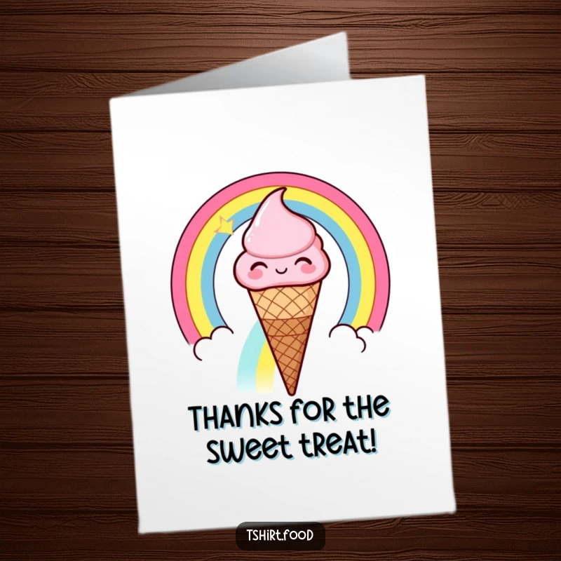 Funny Free Printable Ice Cream Cone Thank You card winking while sliding down a rainbow, perfect for DIY gifts.
