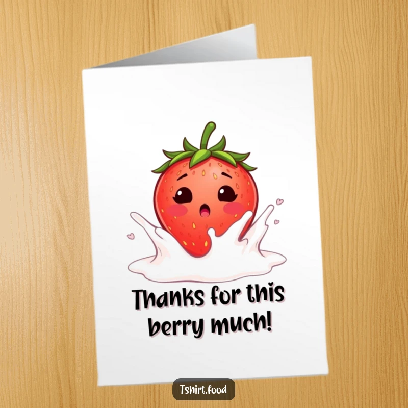 Funny Free Printable Strawberry Thank You card blushing as it falls into a milk splash, perfect for DIY gifts.